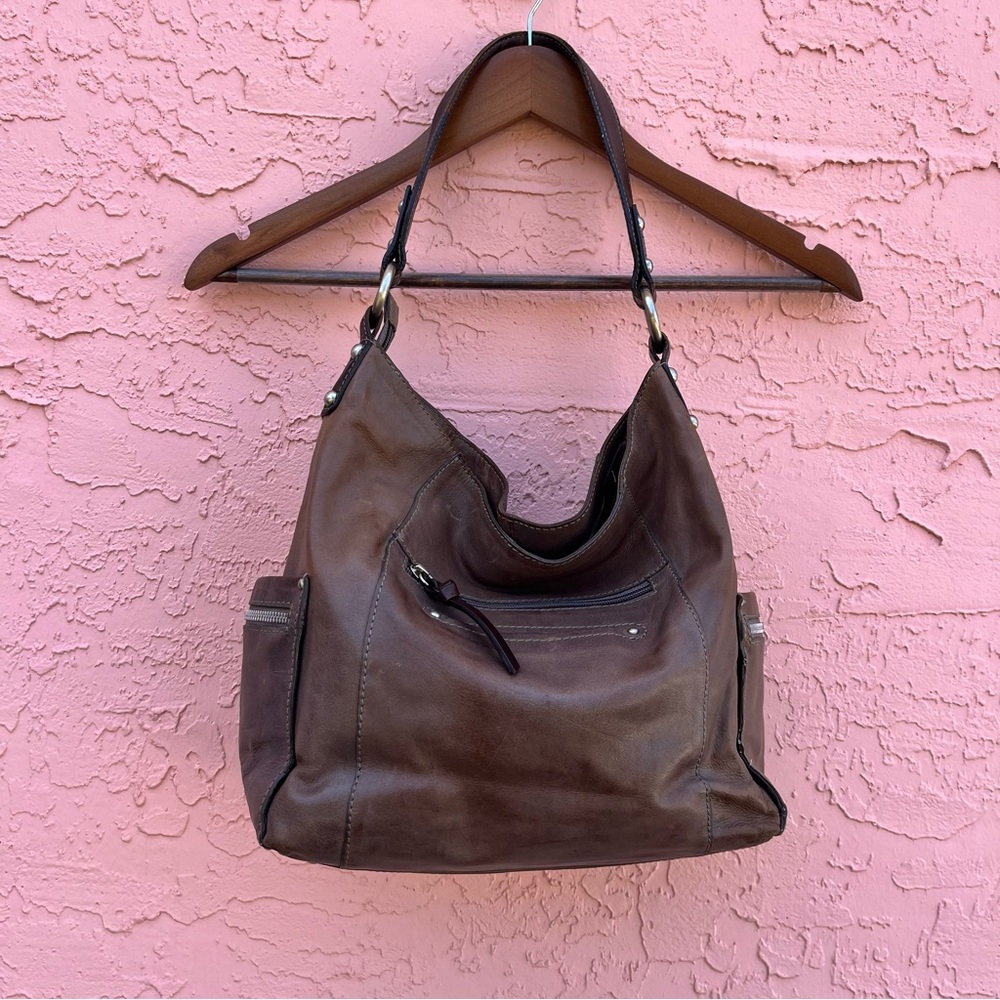 Nino Bossi Hobo Bag Taupe Purple Leather Satchel Retro Industrial Flaw